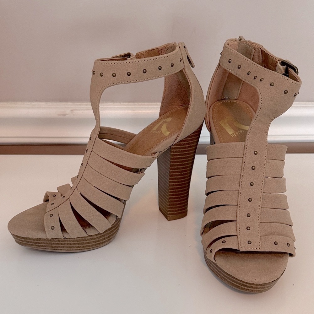 Report Tan Stacked Heel Studded Sandals